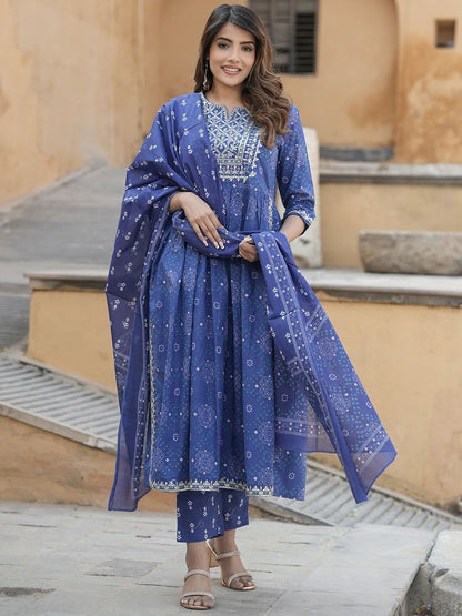 Dhiyona KL Notch Neck Bandhani Embroidered Regular Thread Work Pure Cotton Kurta Set