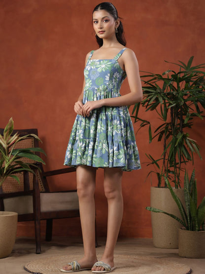 Dhiyona AY Women's Floral Print Shoulder Straps Smocked Tiered Fit & Flare Dress
