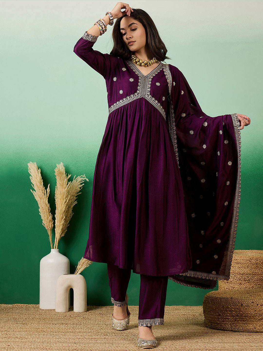 Purple Embroidered Empire Anarkali Kurta With Trousers & Dupatta
