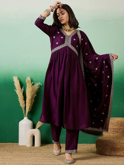 Purple Embroidered Empire Anarkali Kurta With Trousers & Dupatta