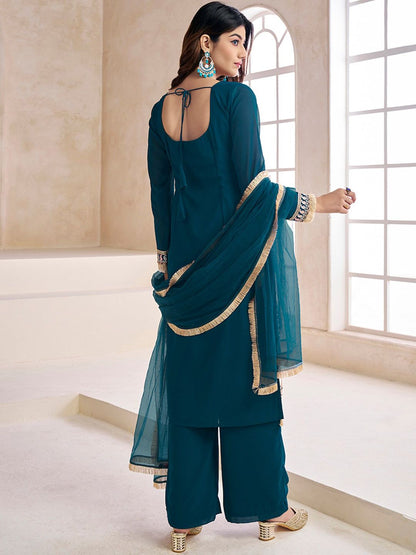 Dhiyona IN Teal Striped Embroidered Beads & Stones Straight Kurta & Palazzos With Dupatta