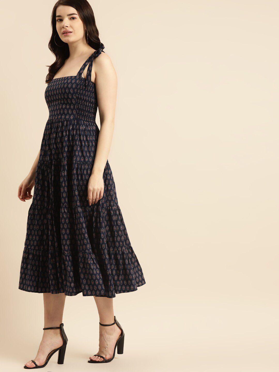 Dhiyona AY Women's Navy Blue Checked Ethnic Motifs Print Shoulder Straps Cotton Tiered Midi Dress