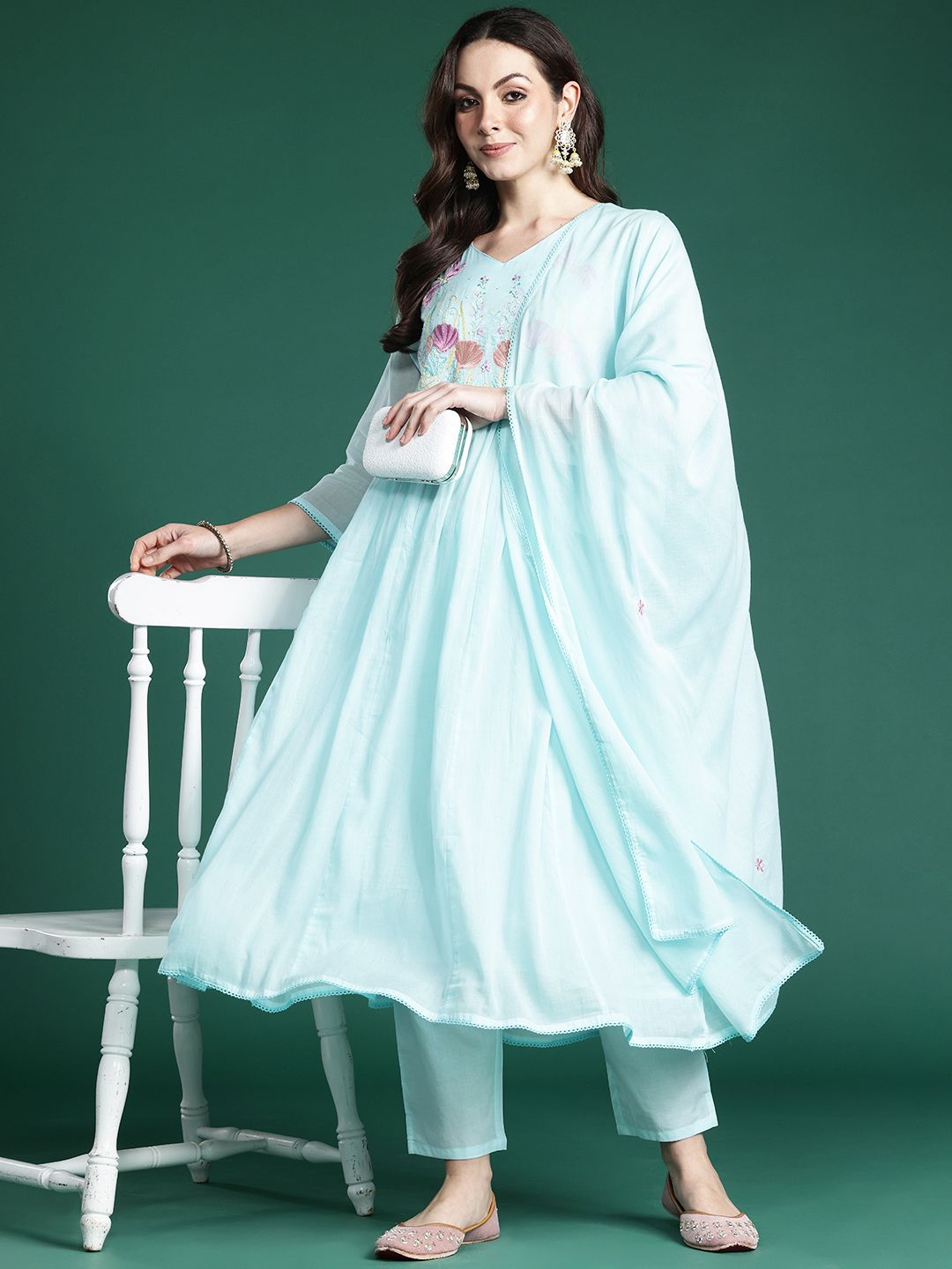 Dhiyona IE Floral Embroidered Thread Work Pure Cotton Kurta with Trousers & With Dupatta