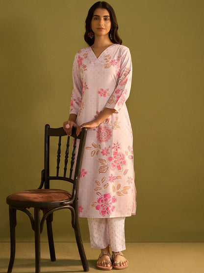 Dhiyona IE Floral Printed V-Neck Straight Kurta With Trousers