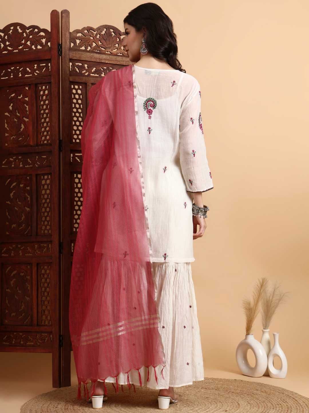 Dhiyona HOP Floral Embroidered Chikankari Chanderi Silk Kurta With Sharara & Dupatta