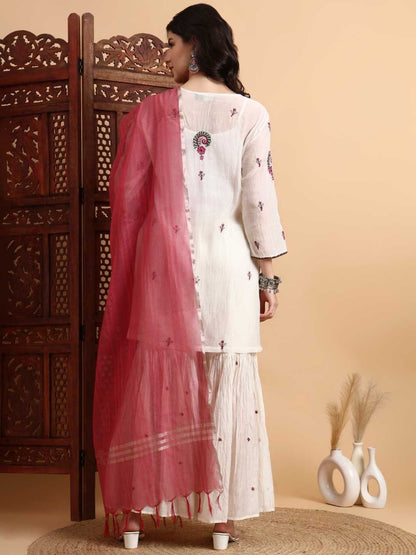 Dhiyona HOP Floral Embroidered Chikankari Chanderi Silk Kurta With Sharara & Dupatta