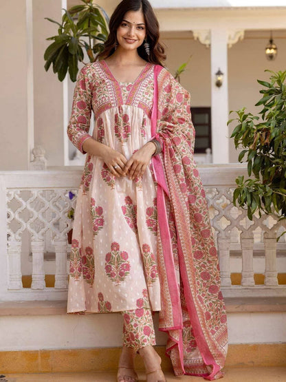 Printed Pure Cotton V-Neck A-Line Kurta & Trousers With Dupatta