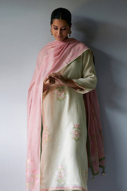 Women's Birch Cream Woven Kurta Suit Set With Hand Work Detailing