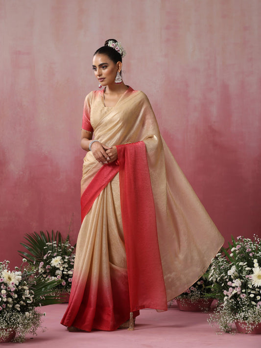 Dhiyona ST Malibu Blaze Ombre' Crushed Metallic Satin Saree with Blouse Fabric