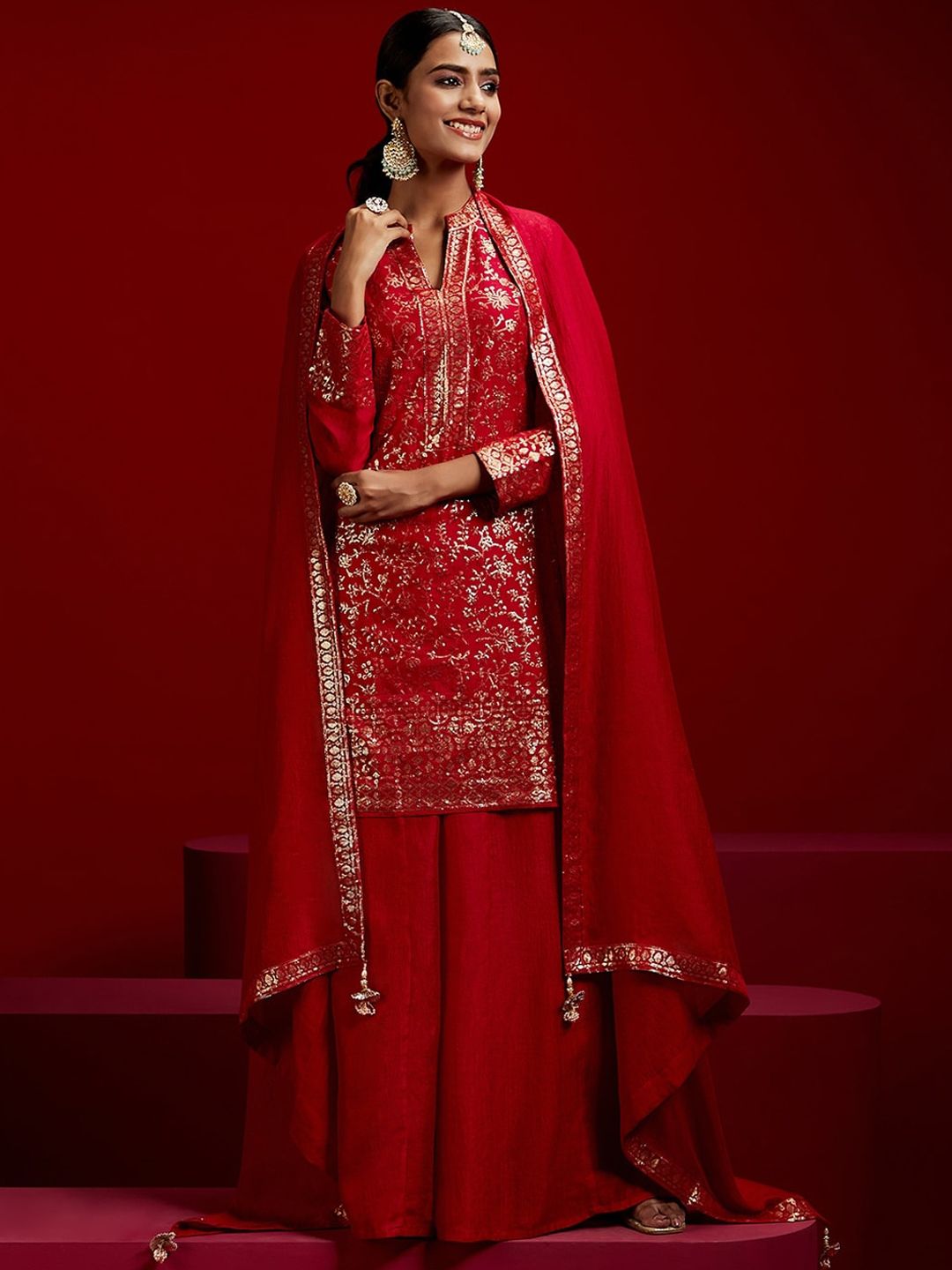 Dhiyona LL Floral Embroidered Sequinned Kurta with Palazzos & Dupatta