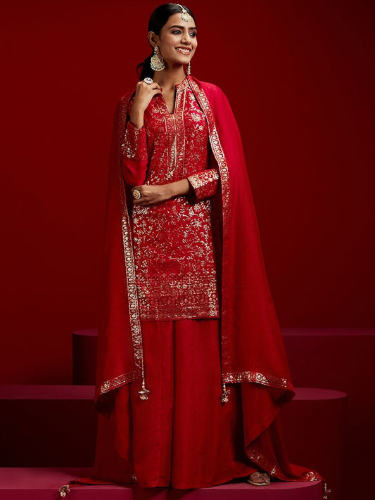 Dhiyona LL Floral Embroidered Sequinned Kurta with Palazzos & Dupatta