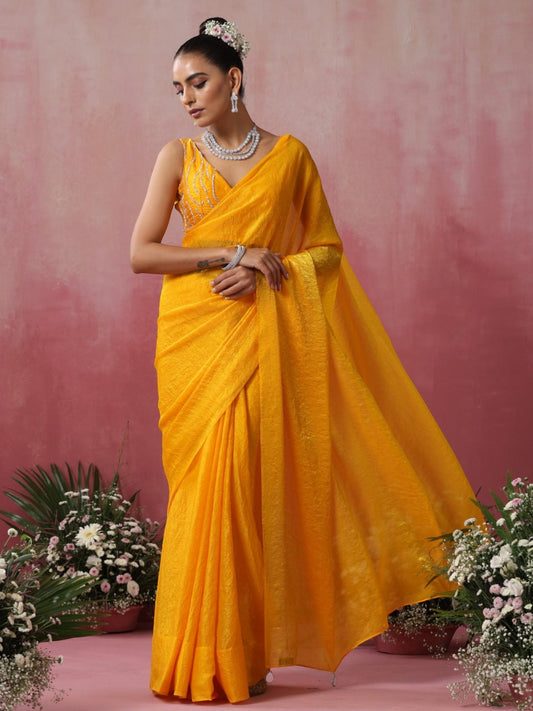 Dhiyona ST Bee Yellow Metallic Crushed Satin Saree with Hand Beaded Blouse Fabric