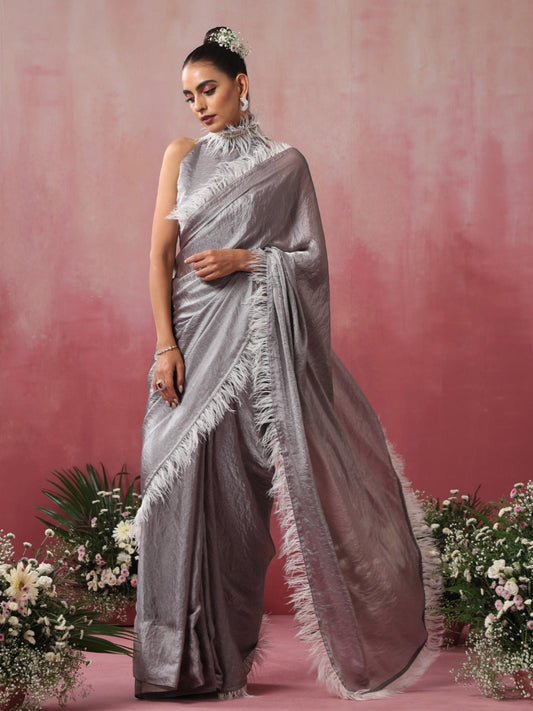 Dhiyona ST Vegas Grey Lilac Metallic Satin Saree with Fur and Blouse Fabric