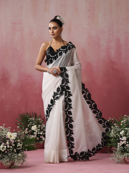 Dhiyona ST Double Life White Gold Crushed Organza Saree with Sequin Blouse Fabric
