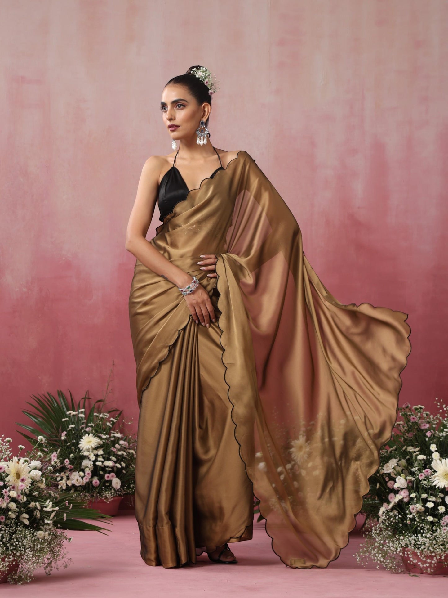 Dhiyona ST Nude Gold Dual Shade Chiffon Saree with Embroidered Scallop