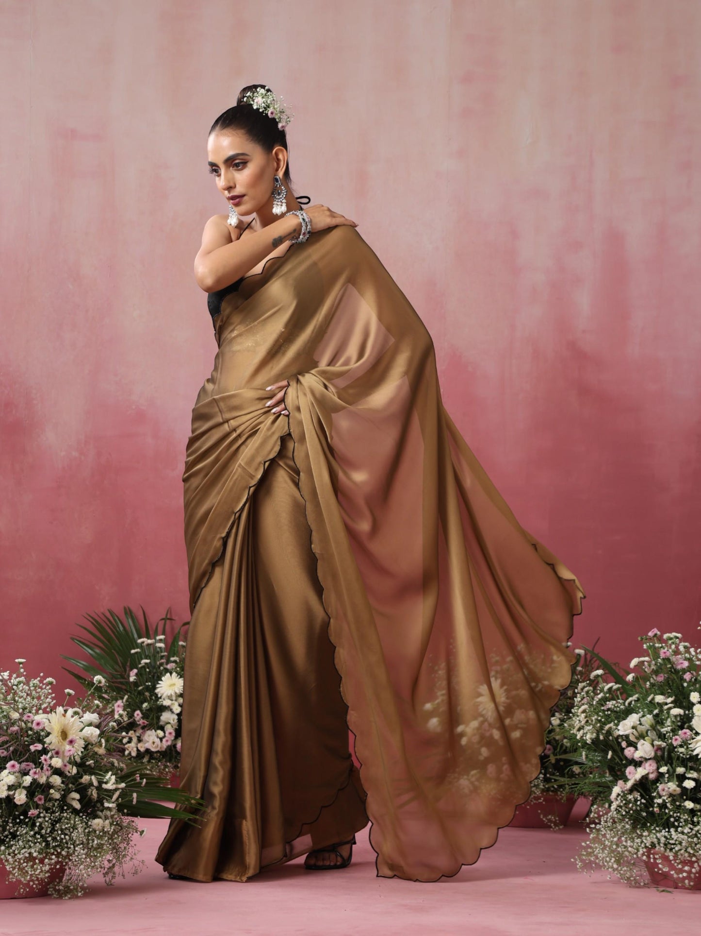 Dhiyona ST Nude Gold Dual Shade Chiffon Saree with Embroidered Scallop