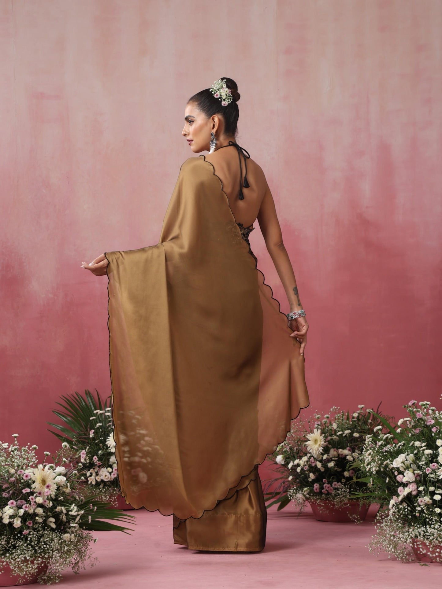 Dhiyona ST Nude Gold Dual Shade Chiffon Saree with Embroidered Scallop