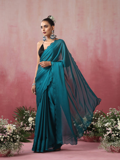 Dhiyona ST Blue Steel Dual Shade Chiffon Saree with Embroidered Scallop