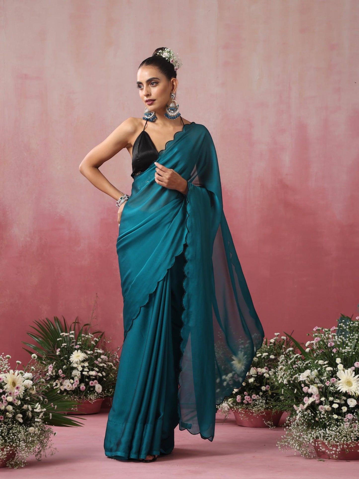 Dhiyona ST Blue Steel Dual Shade Chiffon Saree with Embroidered Scallop