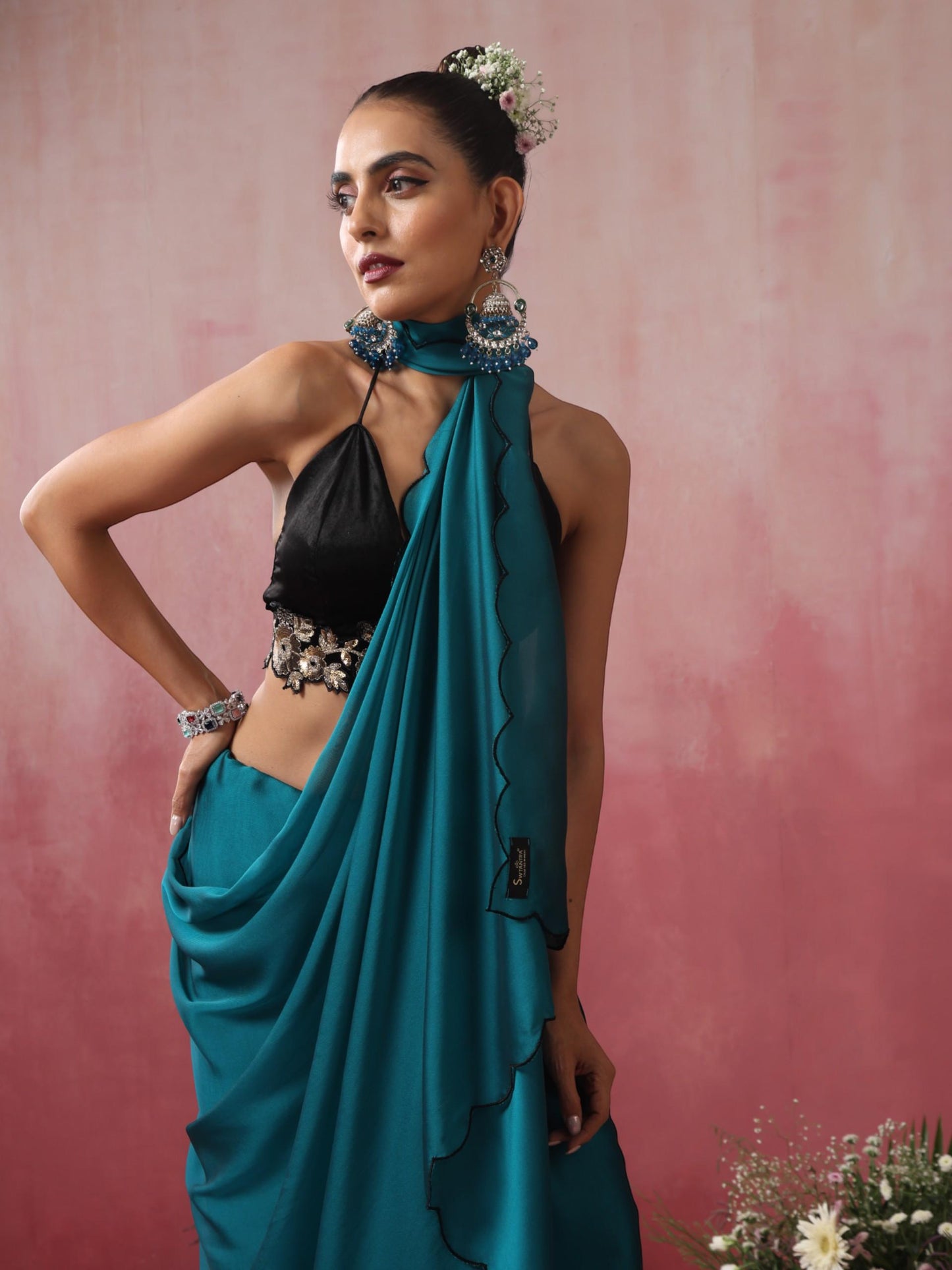 Dhiyona ST Blue Steel Dual Shade Chiffon Saree with Embroidered Scallop