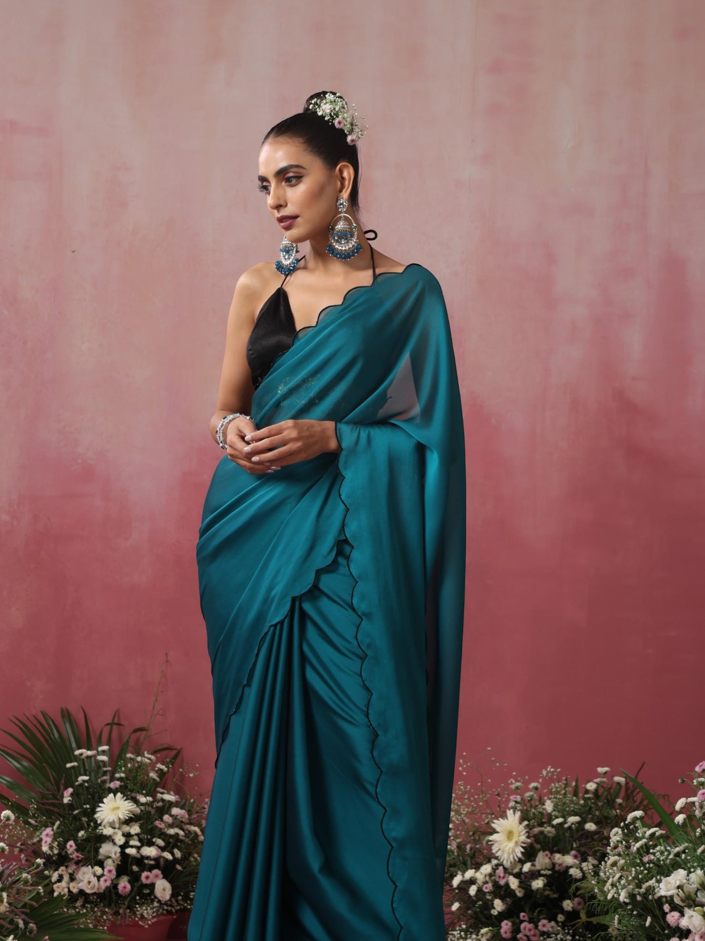 Dhiyona ST Blue Steel Dual Shade Chiffon Saree with Embroidered Scallop