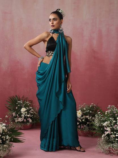 Dhiyona ST Blue Steel Dual Shade Chiffon Saree with Embroidered Scallop