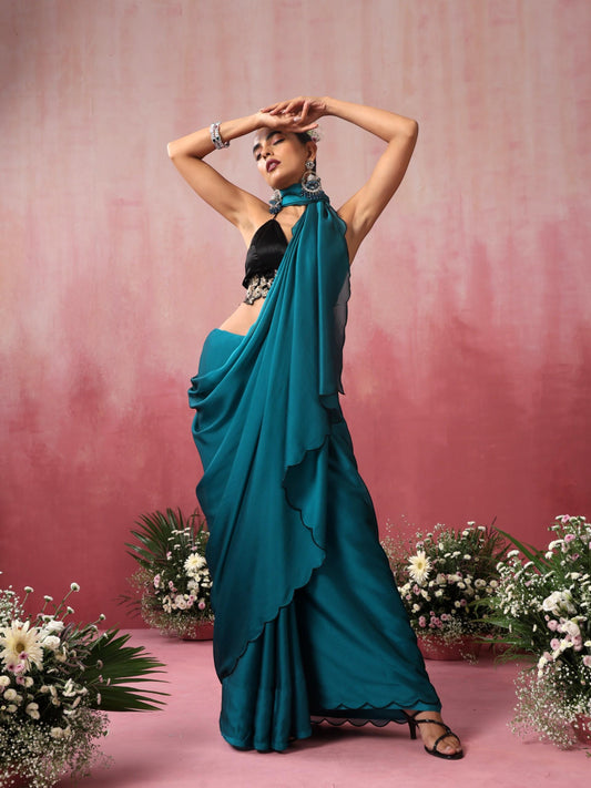Dhiyona ST Blue Steel Dual Shade Chiffon Saree with Embroidered Scallop