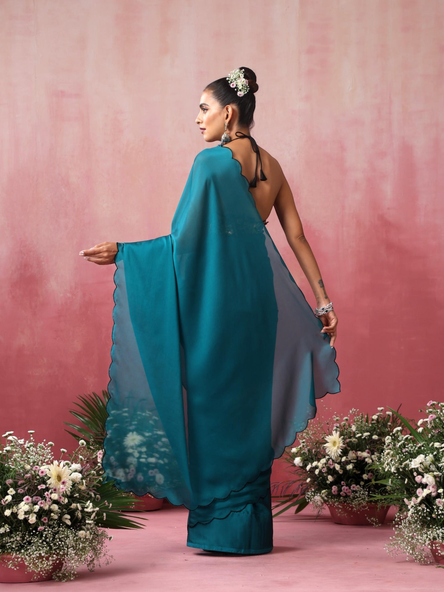 Dhiyona ST Blue Steel Dual Shade Chiffon Saree with Embroidered Scallop