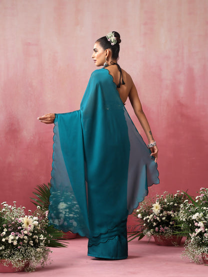 Dhiyona ST Blue Steel Dual Shade Chiffon Saree with Embroidered Scallop