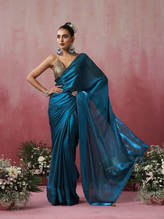 Dhiyona ST Rama Blue Green Metallic Satin Saree