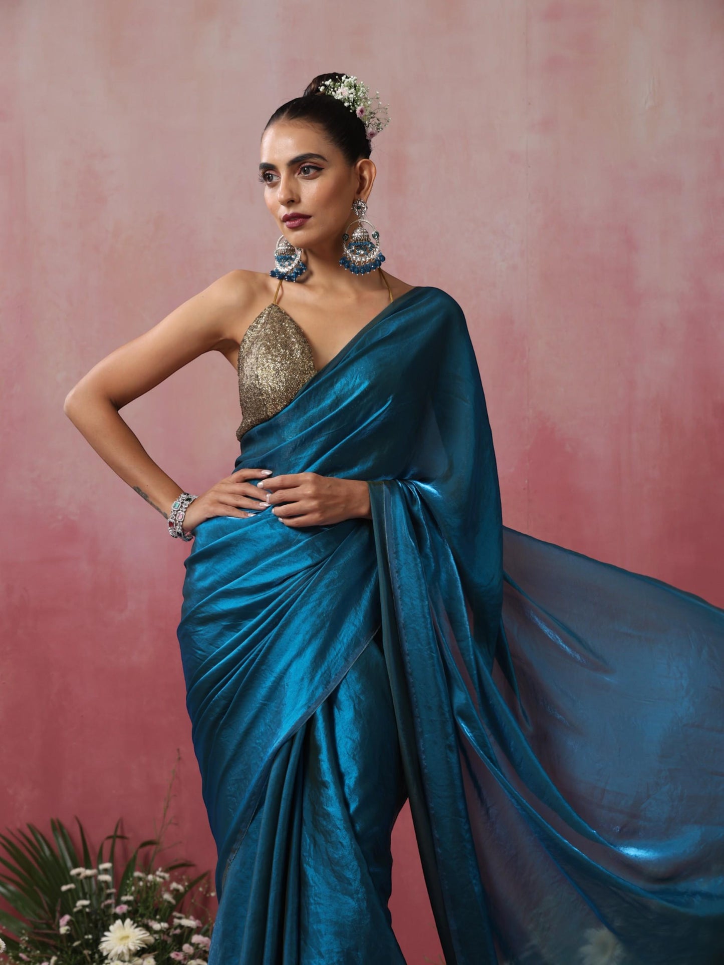 Dhiyona ST Rama Blue Green Metallic Satin Saree