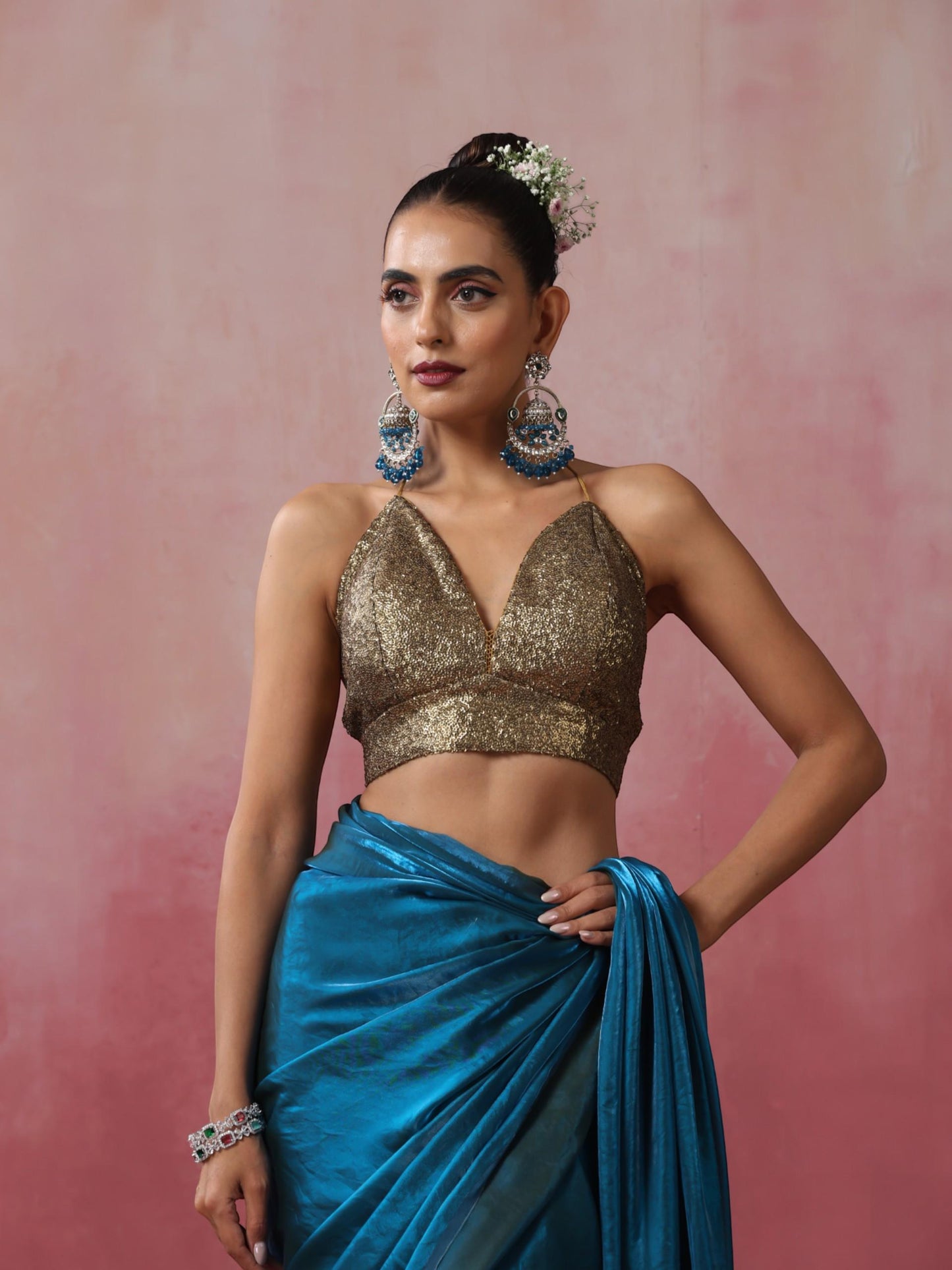 Dhiyona ST Rama Blue Green Metallic Satin Saree