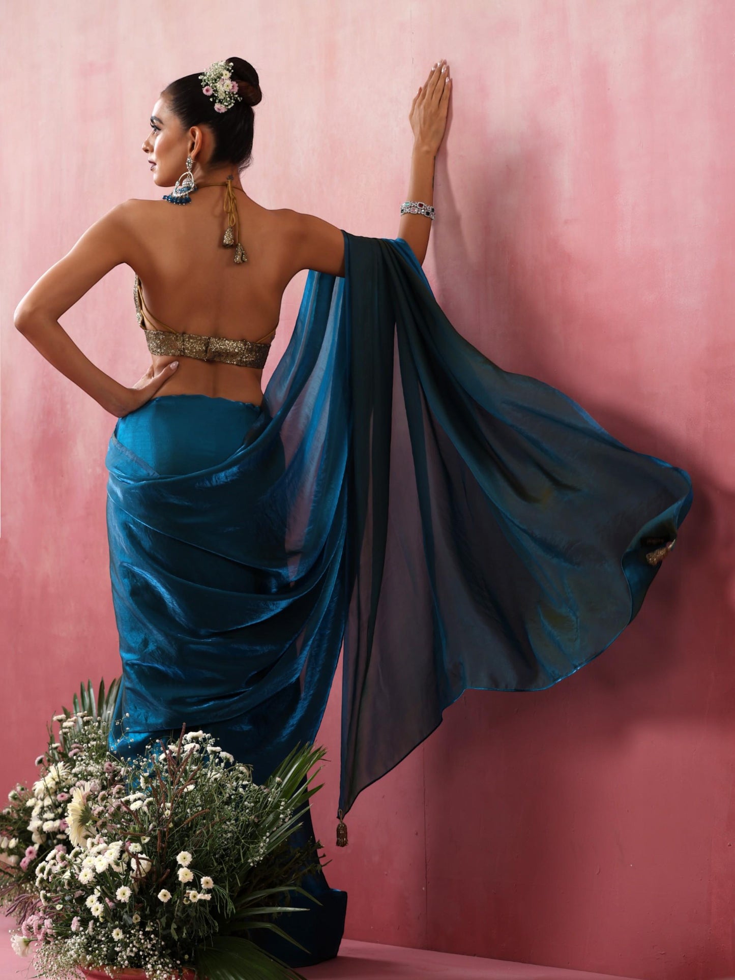 Dhiyona ST Rama Blue Green Metallic Satin Saree