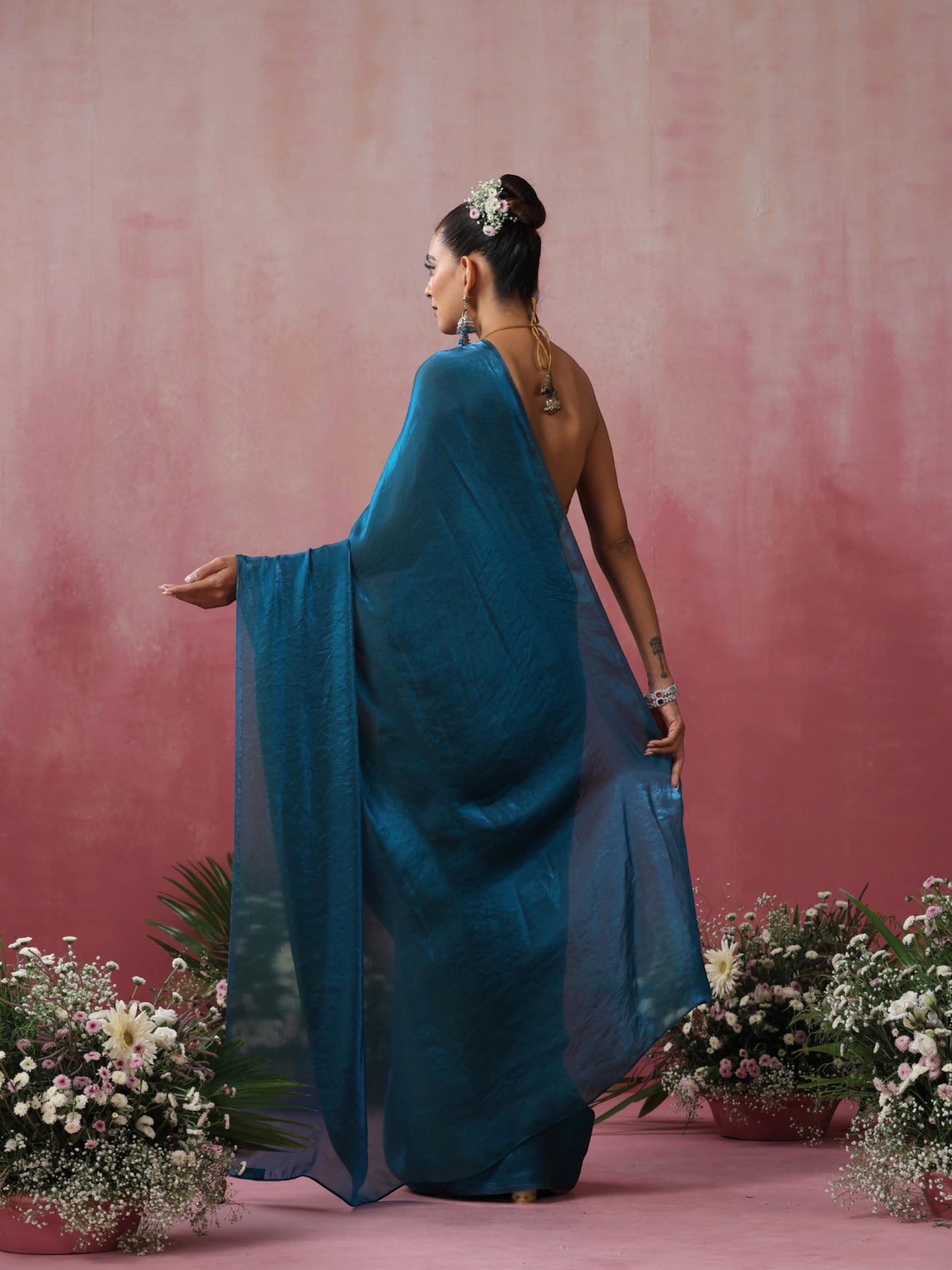 Dhiyona ST Rama Blue Green Metallic Satin Saree