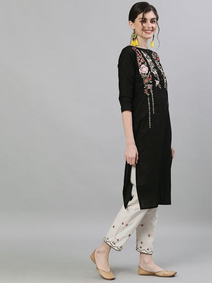 Dhiyona IS Women's Women Black & Off-White Embroidered Kurta with Trousers