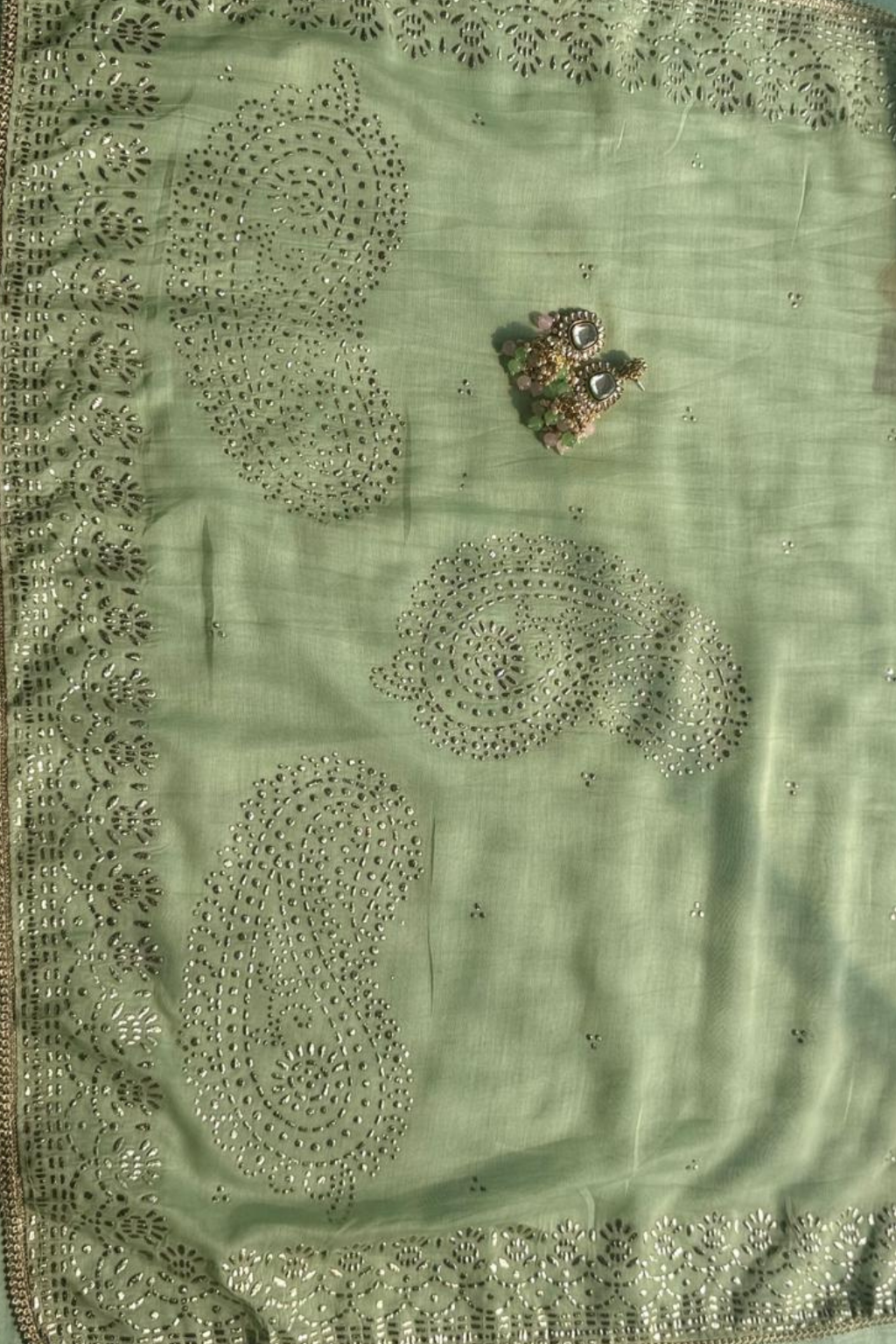 Dhiyona ST 3 Pc Unstitched Suit - Chanderi Pistachio Mukiesh Kurta with Lining ,Dupatta and Bottom