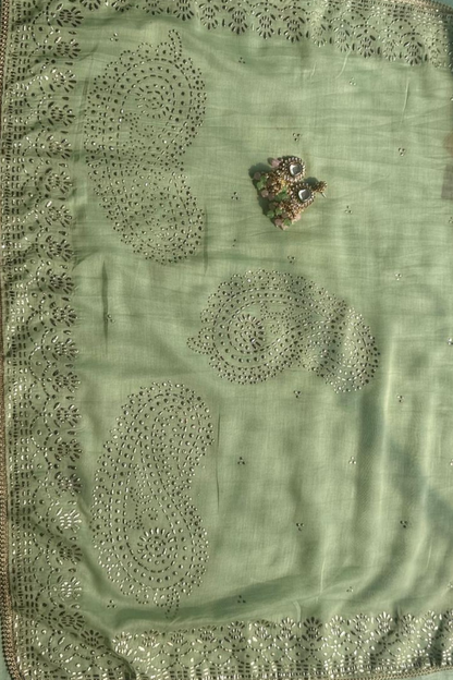 Dhiyona ST 3 Pc Unstitched Suit - Chanderi Pistachio Mukiesh Kurta with Lining ,Dupatta and Bottom
