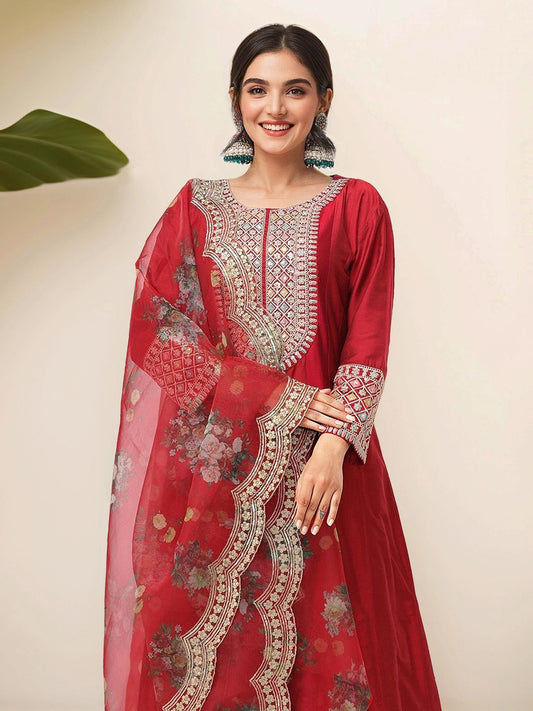 Dhiyona IS Women's Women Ethnic Motifs Yoke Design Regular Thread Work Kurta with Trousers & With Dupatta