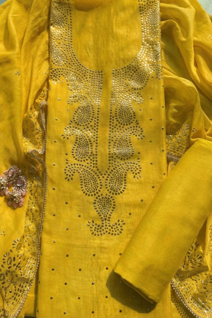 Dhiyona ST 3 Pc Unstitched Suit - Chanderi Yellow Mukiesh Kurta with Lining ,Dupatta and Bottom
