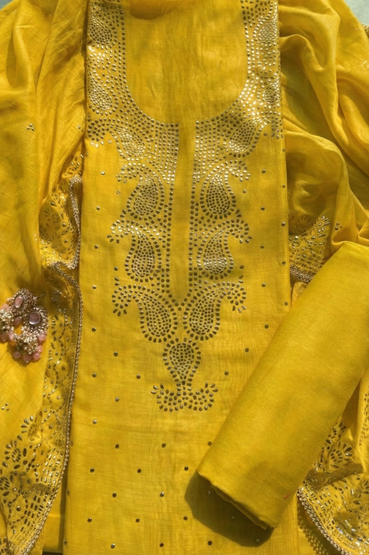 Dhiyona ST 3 Pc Unstitched Suit - Chanderi Yellow Mukiesh Kurta with Lining ,Dupatta and Bottom