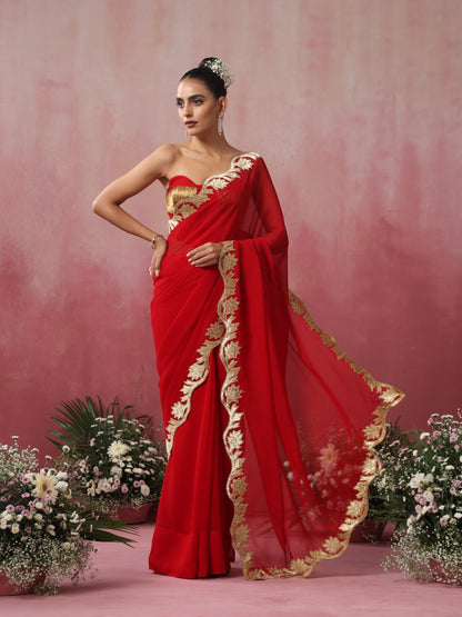 Dhiyona ST Glamazing Red Gold Embroidered Saree with Blouse Fabric