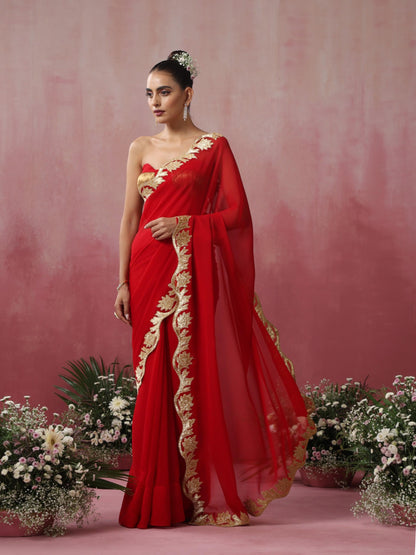 Dhiyona ST Glamazing Red Gold Embroidered Saree with Blouse Fabric