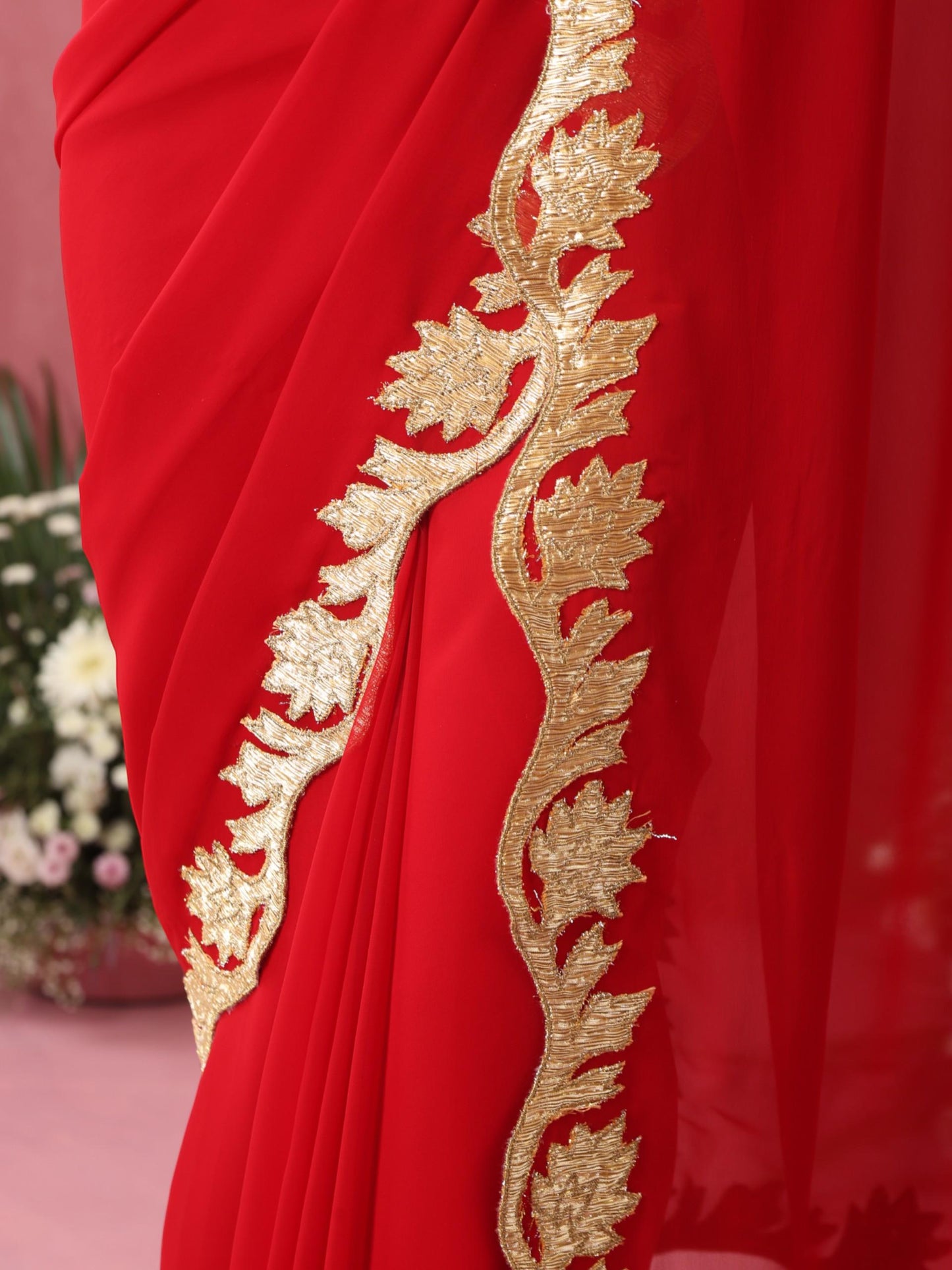 Dhiyona ST Glamazing Red Gold Embroidered Saree with Blouse Fabric