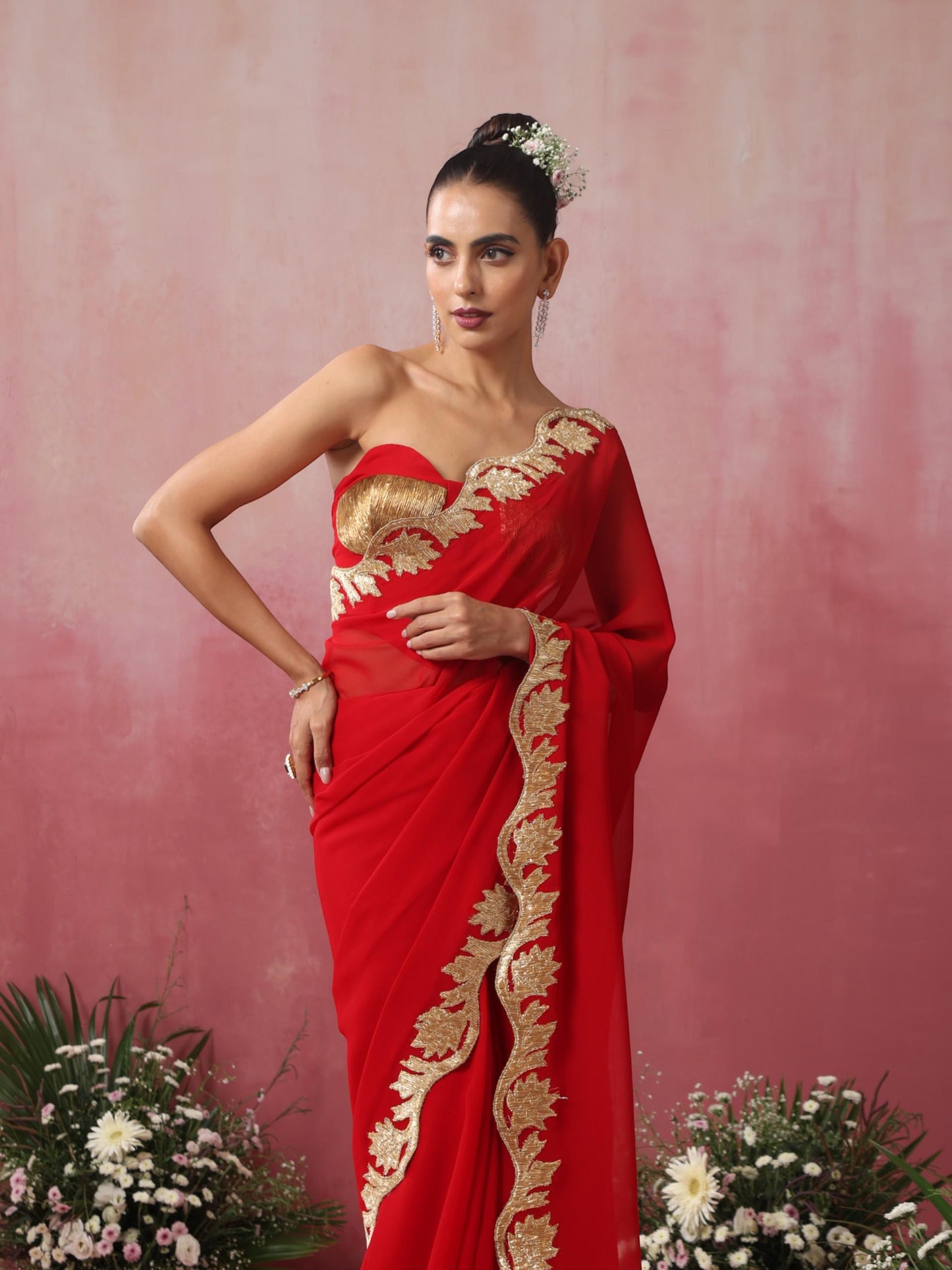 Dhiyona ST Glamazing Red Gold Embroidered Saree with Blouse Fabric