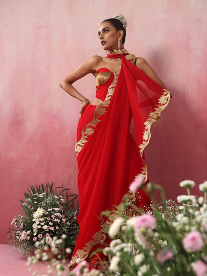 Dhiyona ST Glamazing Red Gold Embroidered Saree with Blouse Fabric