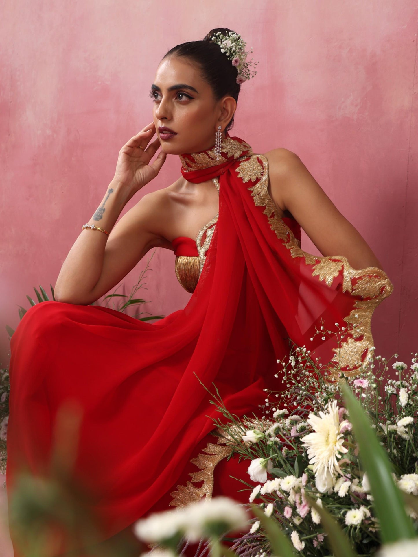 Dhiyona ST Glamazing Red Gold Embroidered Saree with Blouse Fabric