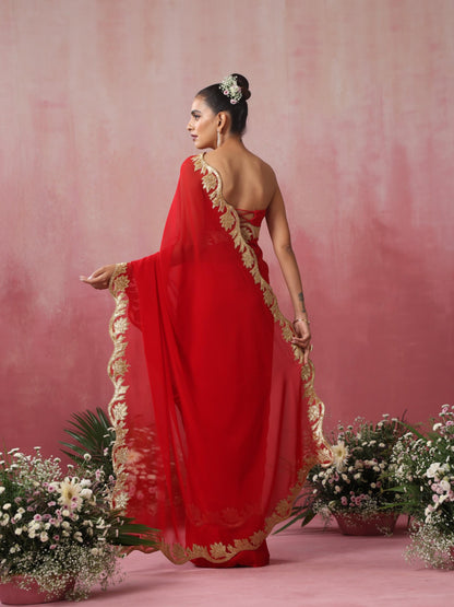 Dhiyona ST Glamazing Red Gold Embroidered Saree with Blouse Fabric