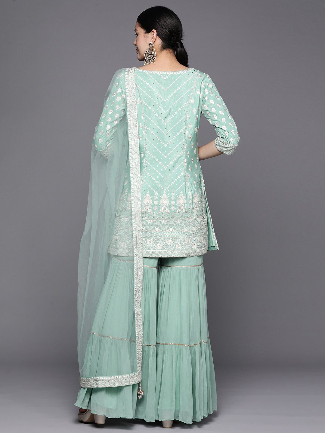 Dhiyona LL Women Ethnic Motifs Embroidered Pure Silk Kurti With Sharara & Dupatta