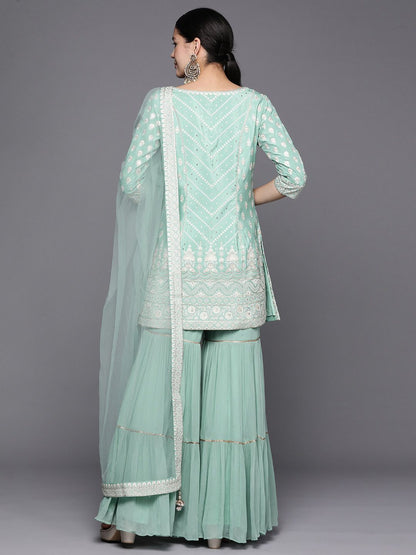 Dhiyona LL Women Ethnic Motifs Embroidered Pure Silk Kurti With Sharara & Dupatta