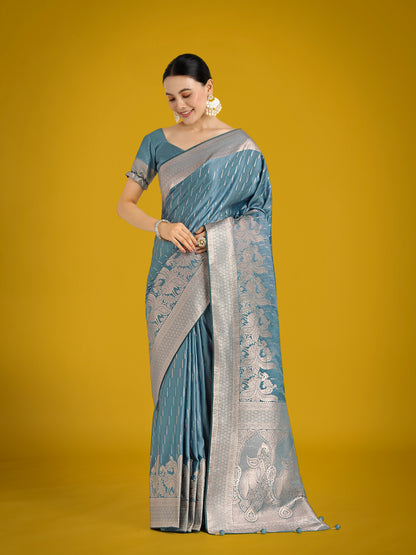Dhiyona MJ Dusty Cyan Weaving Banarasi Satin Silk Trendy Saree For Festival